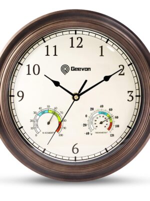 Geevon 14" Vintage Wall Clock Non Ticking with Hygrometer and Thermometer Combo, Battery Operated Quartz Decorative Wall Clocks for Home, Living Room, Office, Classroom, Kitchen, Bedroom Decor